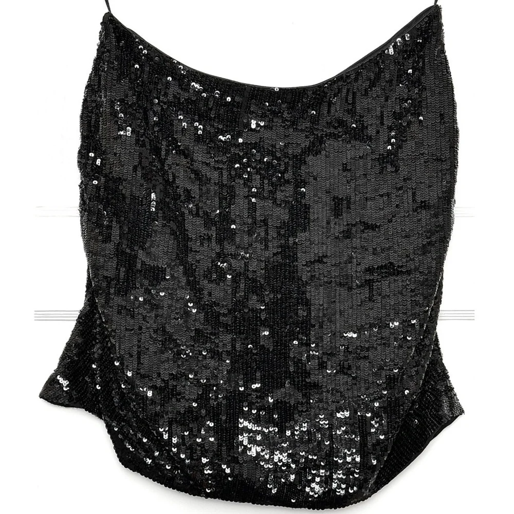 RETROFETE‎ Black Sequin Asymmetric Ruched Hem Bodycon Mini Skirt XL